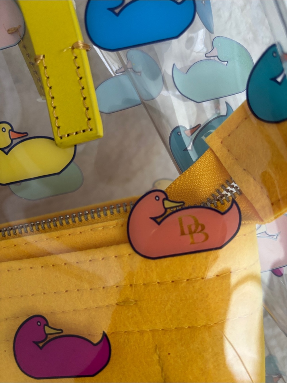 Dooney & Bourke Clear Tote with Yellow Handles and Multicolor Duck Print - Picture 2 of 11